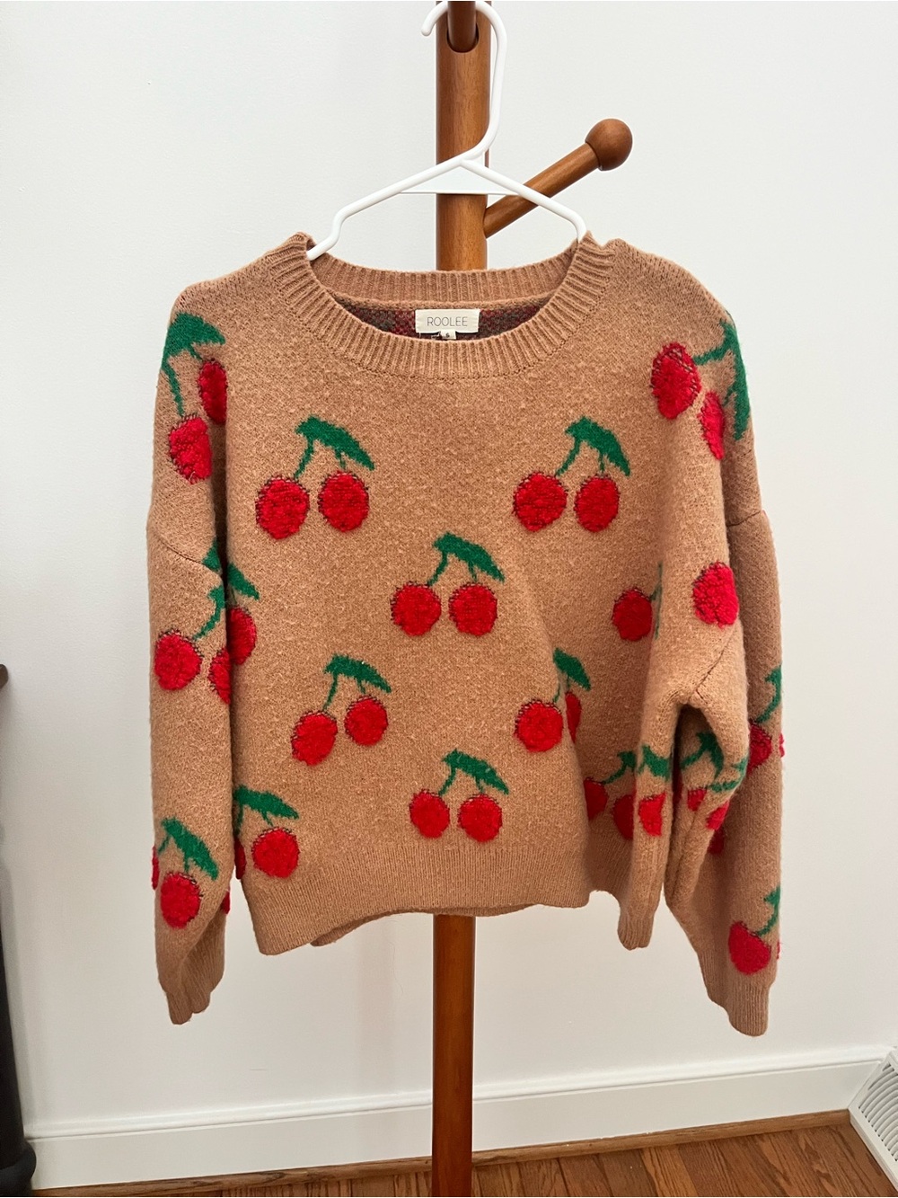 Roolee Tan Cherry-Print Crewneck Sweater with Red Accents
